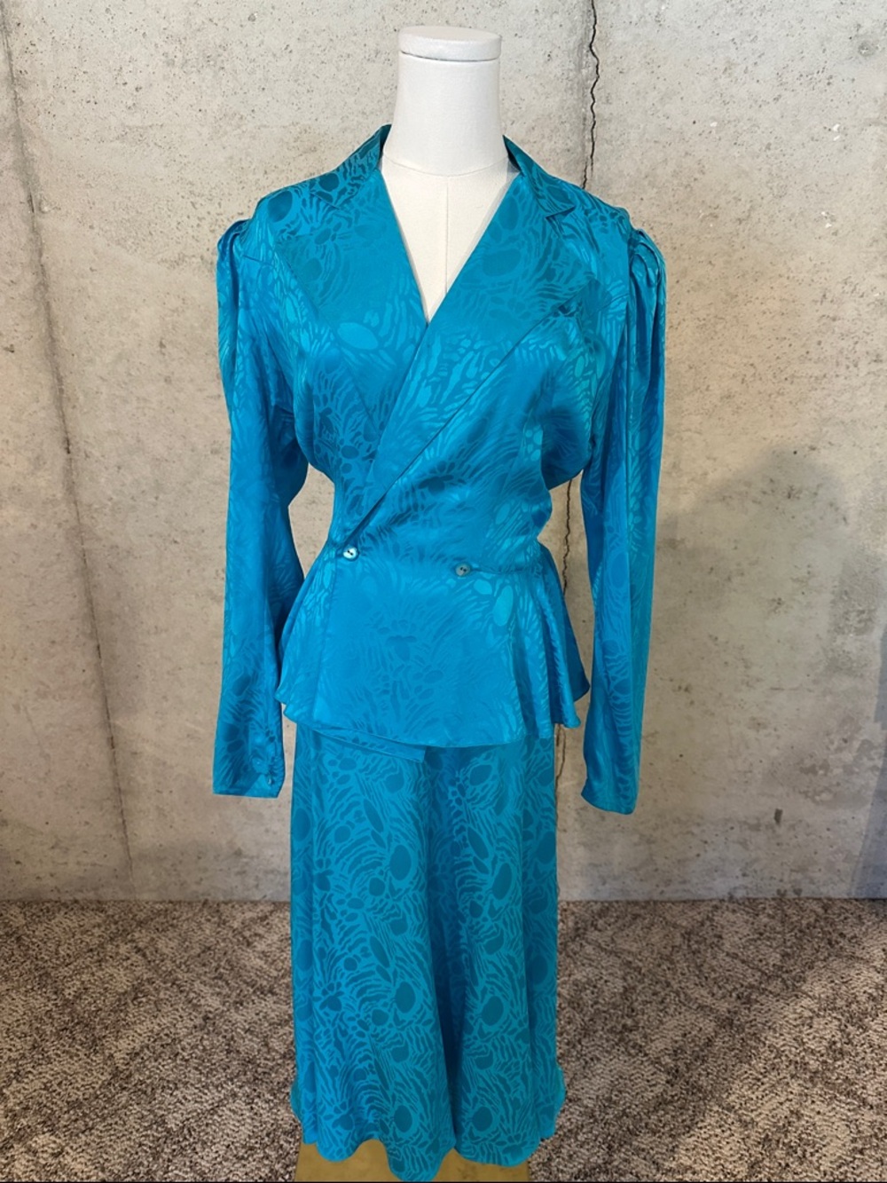 Vintage Argenti 80s 90s 100% Silk Teal Skirt Set Retro Power Suit Size M